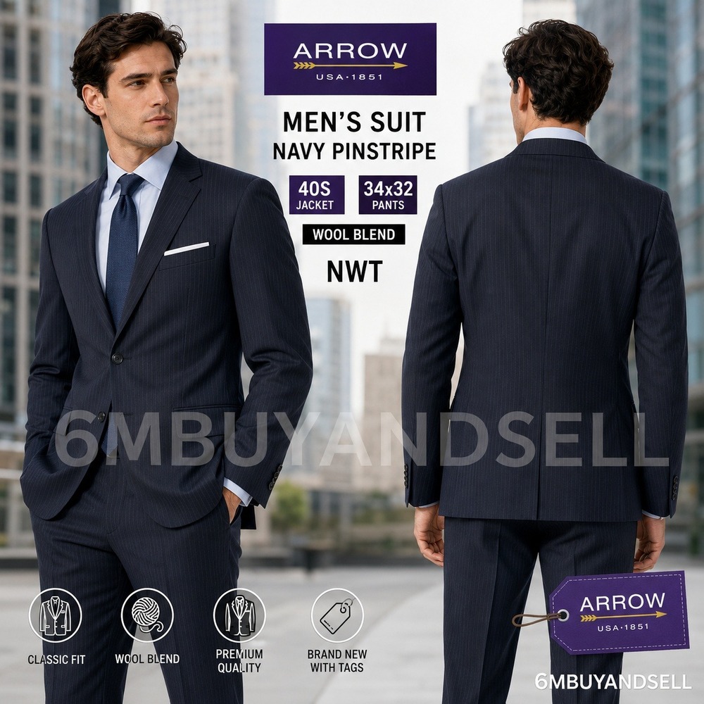 Arrow USA 1851 Mens Navy Pinstripe Suit 40S Jacket 34x32 Pants Wool Blend NWT